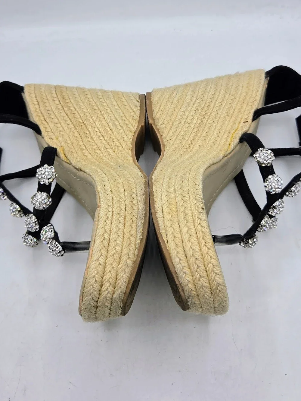 Skemo Rhinestone Espadrille Wedge Sandals Black Suede Strappy Size 7